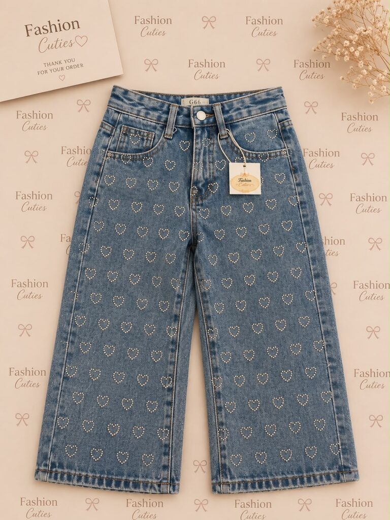 Wide leg spijkerbroek met strass hartjes